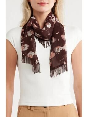 BCBG Floral Shine Crescent Wrap Scarf Burgundy Brown NWT